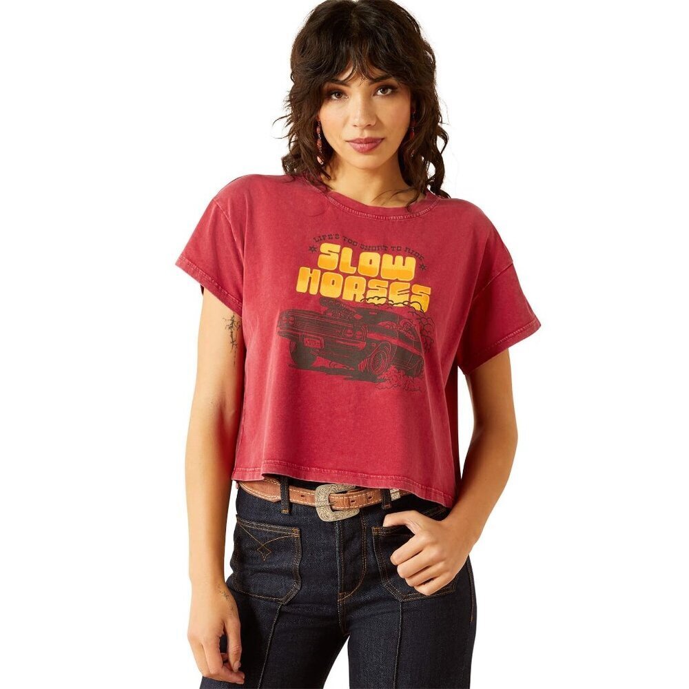 Ariat Sendero Women's Slow Horses Crop Graphic T-Shirt Mineral Wash Red 10062911